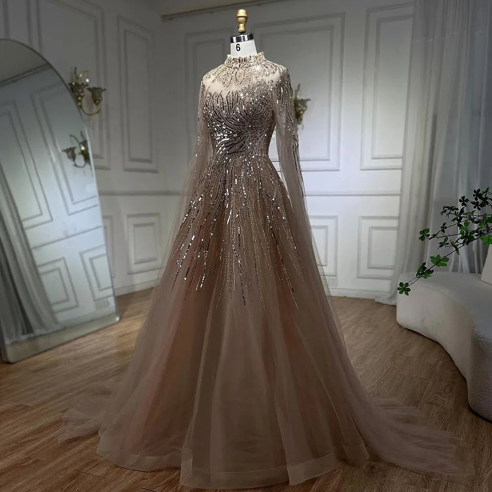 Serene Hill Caramel Luxury Evening Dresses with Cape Sleeves A-Line Beaded Lace Gown For Women's Wedding Party 2024 LA72386