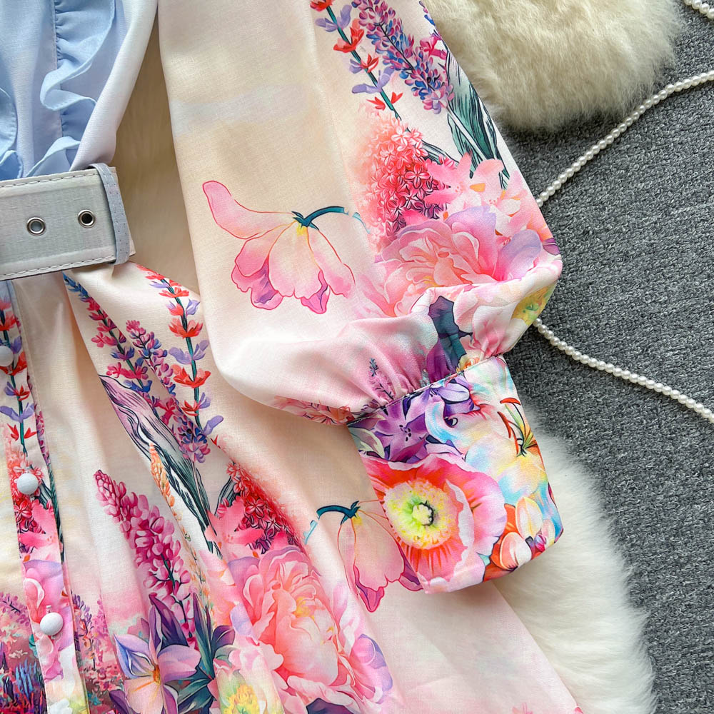 Chic Print Ruffle Elegant Puff Sleeve Dress A-line Casual Belt Beach Vacation Mini Dress Women Fashion Summer Spring Vestidos