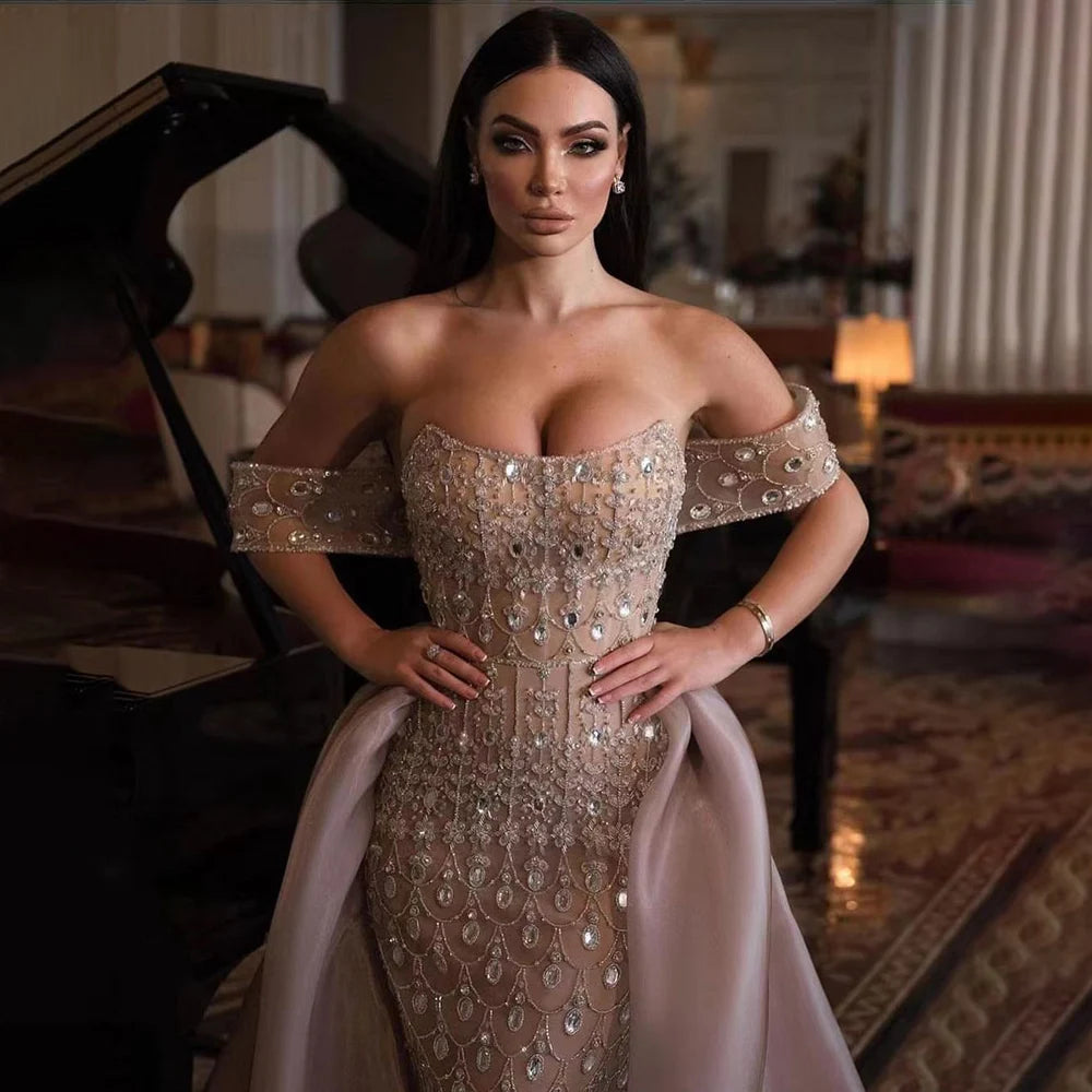 Serene Hill Arabic Caramel Mermaid Strapless With Overskirt Beaded Evening Dresses For Women Wedding Party 2024 LA71922