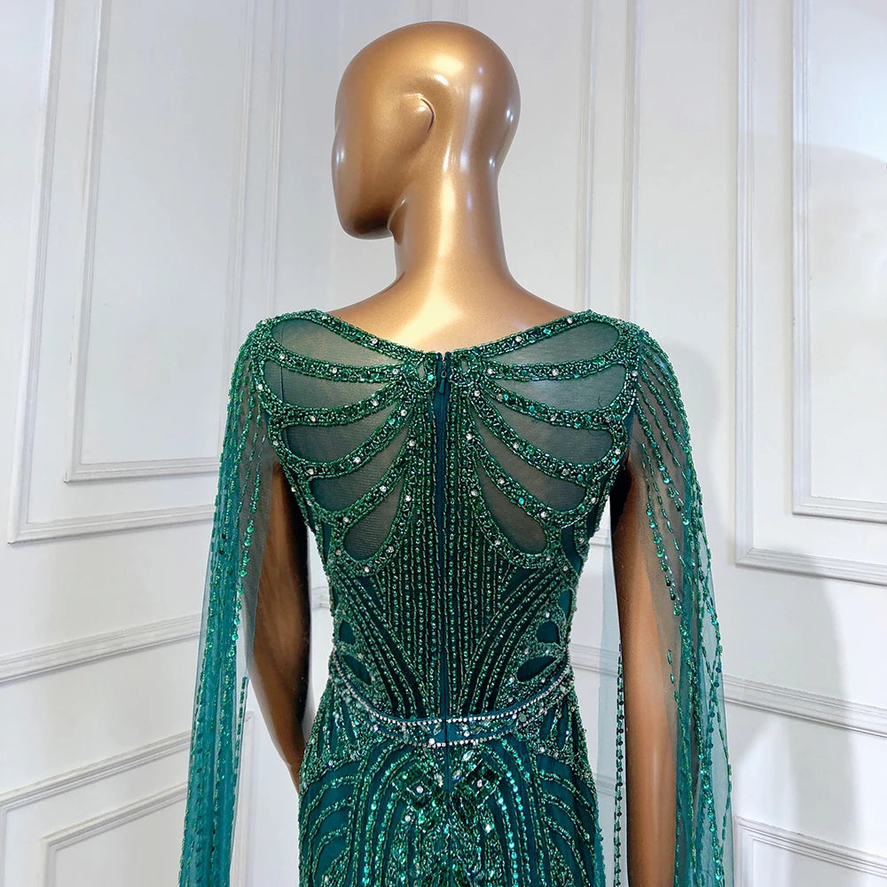 Serene Hill Brown Mermaid Elegant 2024 With Cape Sleeves Beaded Luxury Evening Dresses Gowns For Women Party LA70638