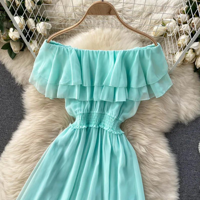 Women Chiffon Beach Dress Sexy Double Layer Ruffled Off The Shoulder Boho Dresses Ladies Sweet Slash Neck Long Dress