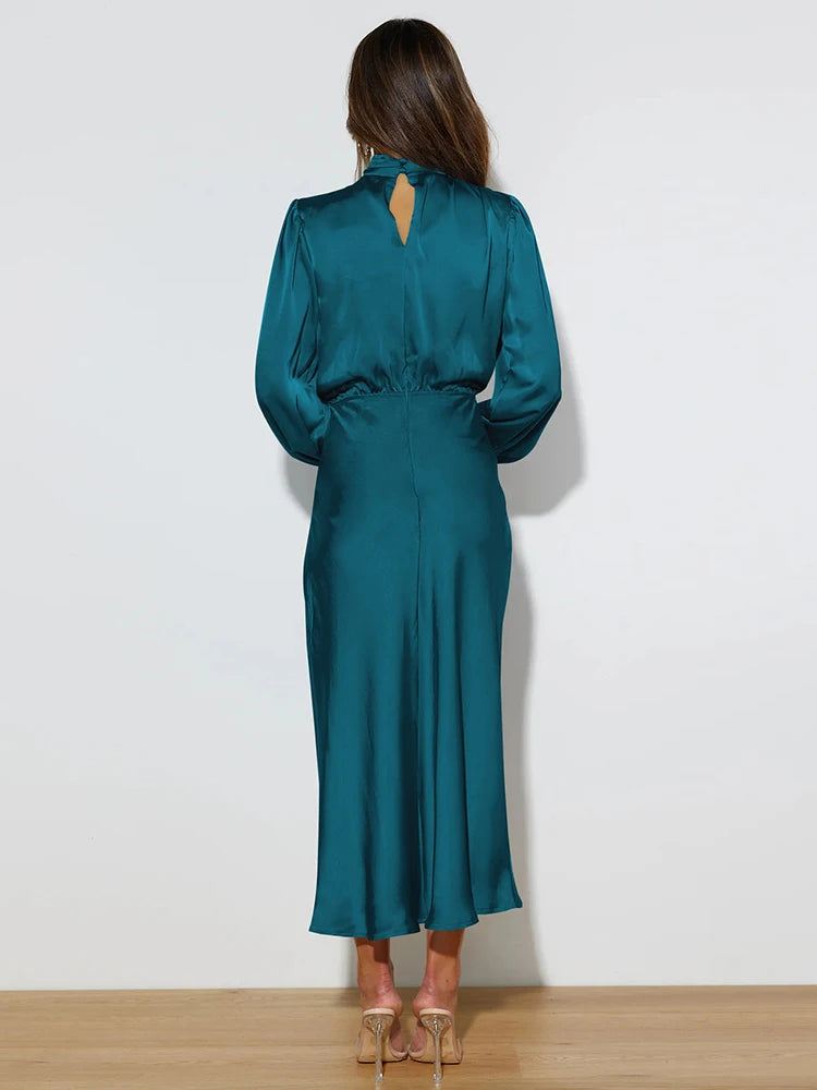 Spring Summer New High-End Satin Long Sleeved Dress Women's Ladylike Elegant Evening Dress Party Clothes Celebrity Dresses