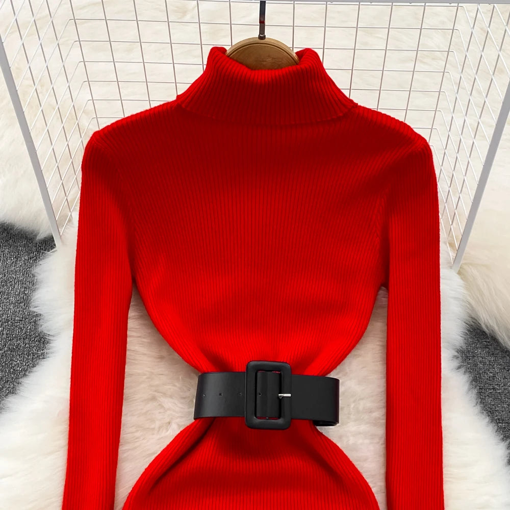 Elegant Turtleneck Long Sleeve Knit Soft Tight Pencil Dress with Belt Slim Fashion Warm Sweater Vestido Sexy Women Winter Robe