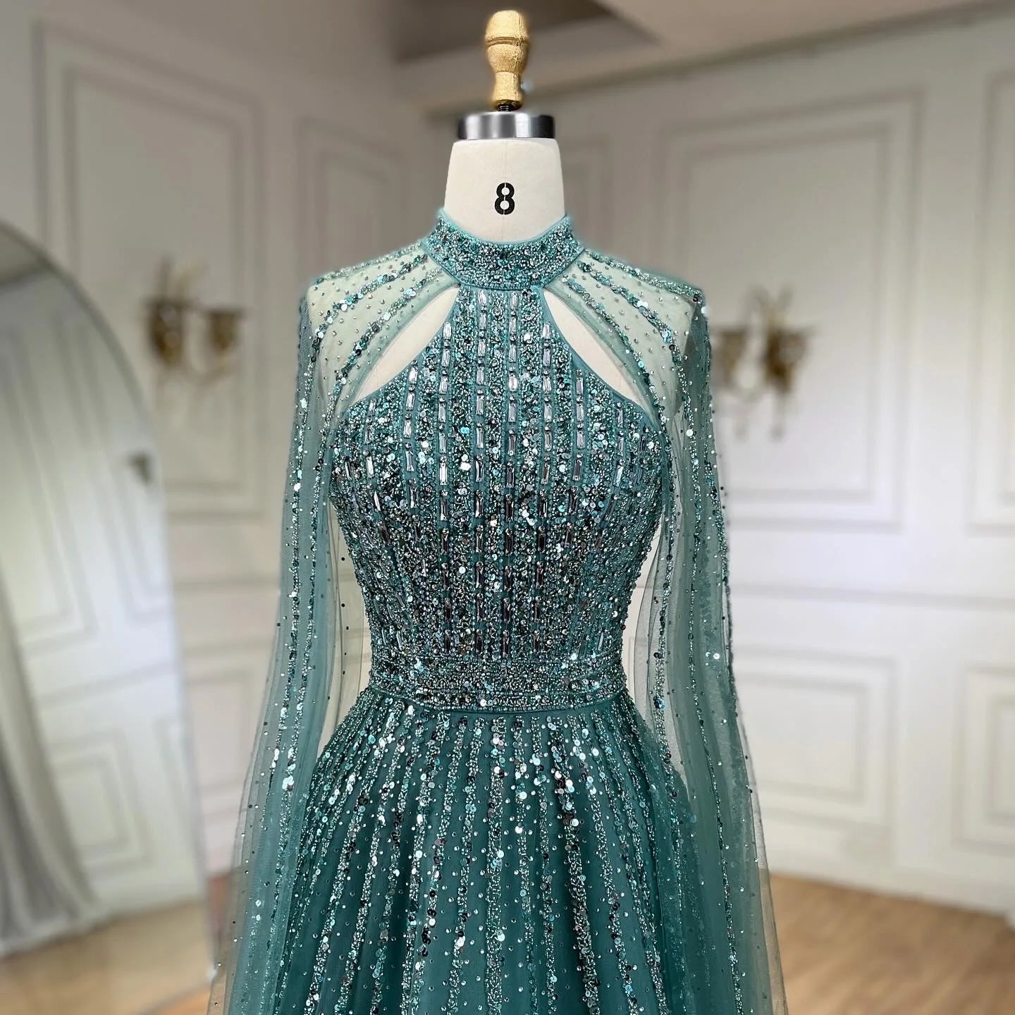 SERENE HILL 2024 Caramel Arabic Dubai Luxury Beaded Cape Sleeves Evening Dresses Formal Gowns For Women Wedding Party GLA72306A