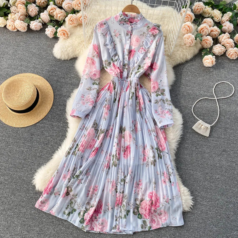Retro Floral Print Pleated Elegant Chiffon Maxi Dress A-line Fashion Beach Vacation Party Dress Women Summer Spring Vestidos