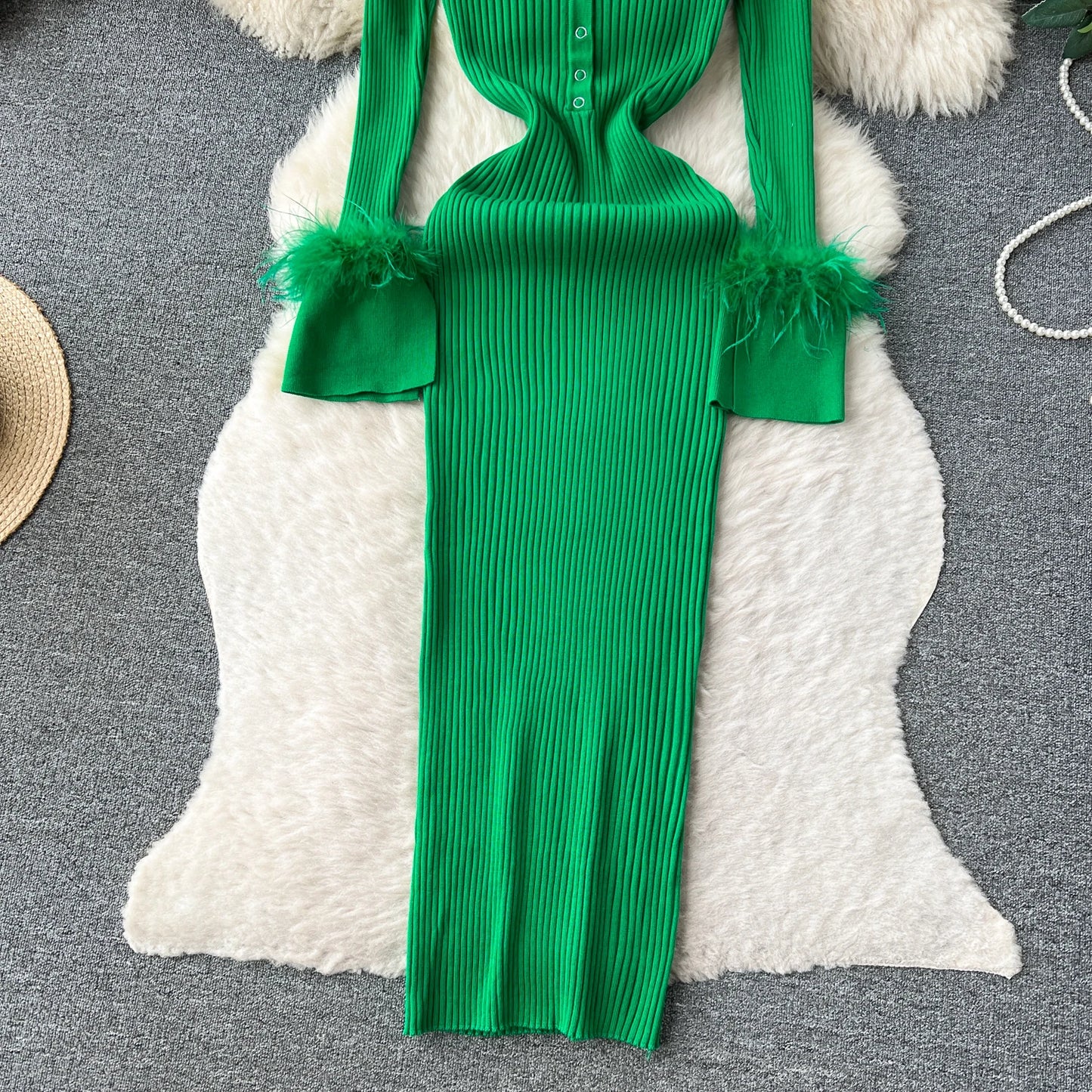 Elegant Turn-down Collar Feather Long Sleeve Knit Bodycon Pencil Dress Slim Fashion Sweater Vestido Sexy Women Winter Clothing