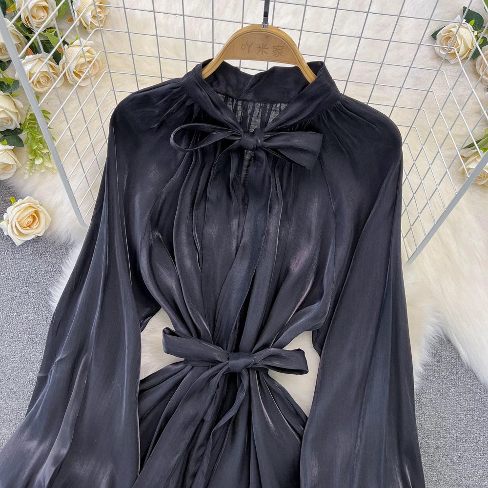 Autumn Elegant Women Fashion Party Long Dress Bow Lace Up Long Sleeve Evening Dresses A-Line Casual Vestidos One Piece Prom Robe