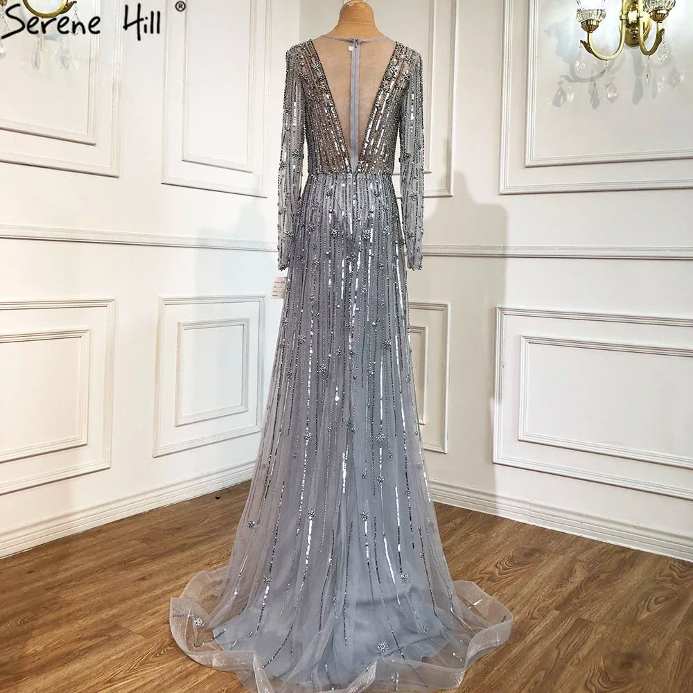 Serene Hill Muslim Gold A-Line Luxury Evening Dresses Gowns 2022 Sparkle Beaded Long Sleeves Sexy For Women Party GLA70674