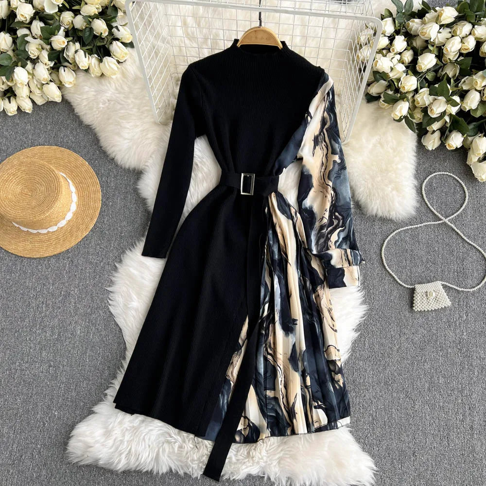 Elegant Chic Print Patchwork Knit Dress French Long Sleeve Party A-line Vestidos High Waist Basic Slim Women Autumn Winter Dress