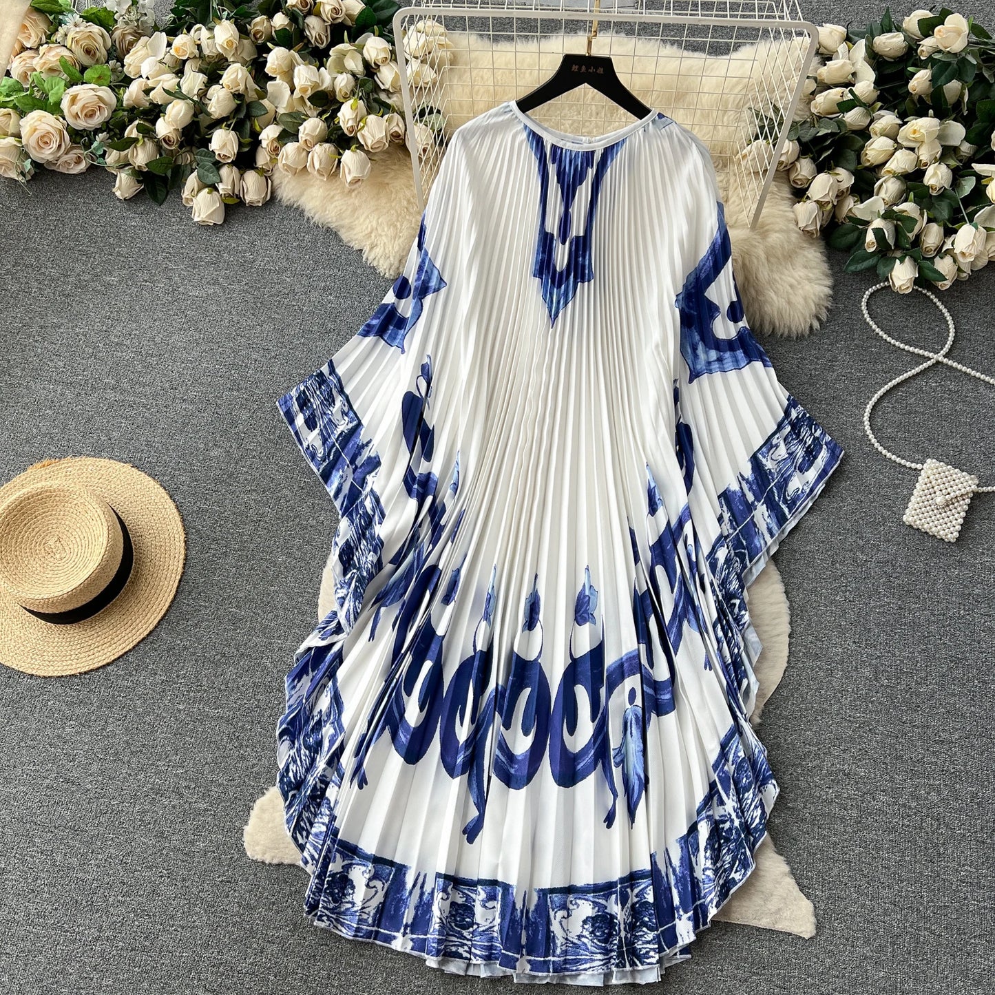 Vintage Print Elegant O-neck Batwing Sleeve Dress A-line Casual Belt Fashion Dress Women Fashion Summer Spring Vestidos