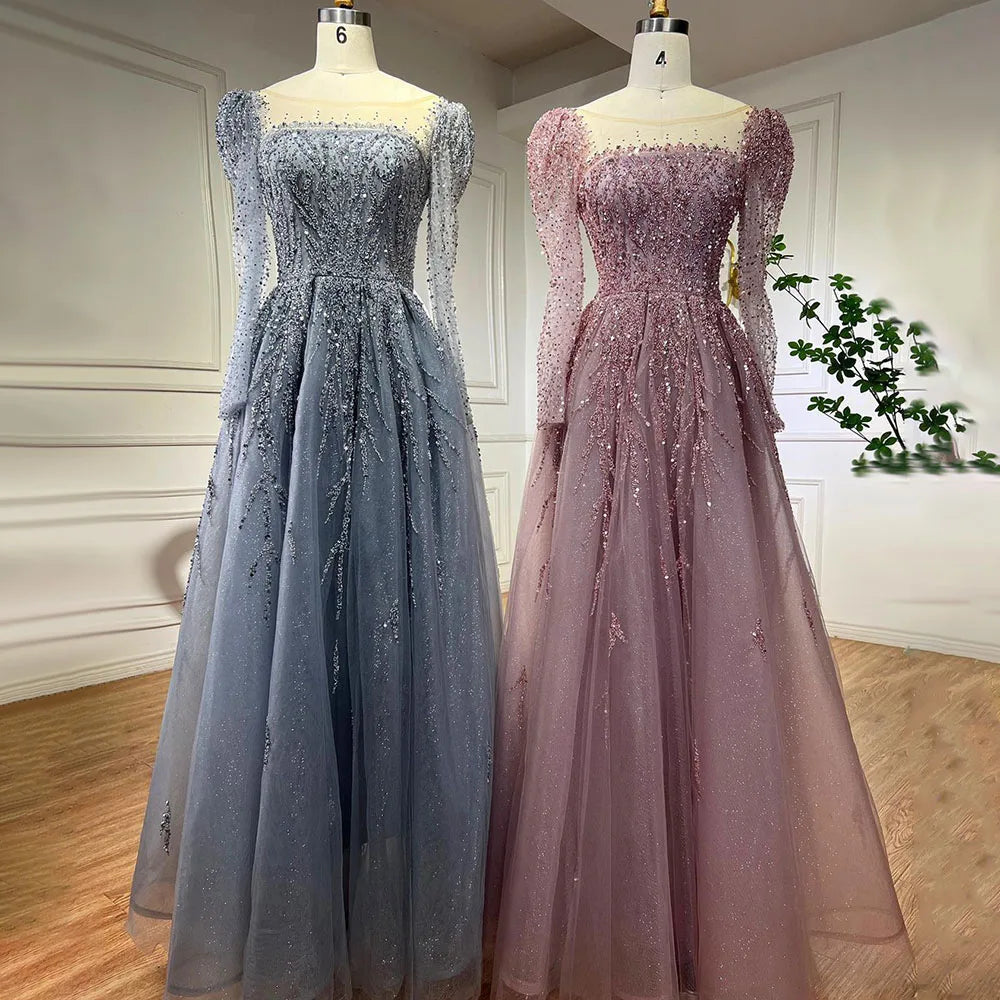 Serene Hill Muslim Pink A Line Beaded Luxury Dubai Long Evening Dresses Gowns 2024 For Woman Wedding Party LA71915