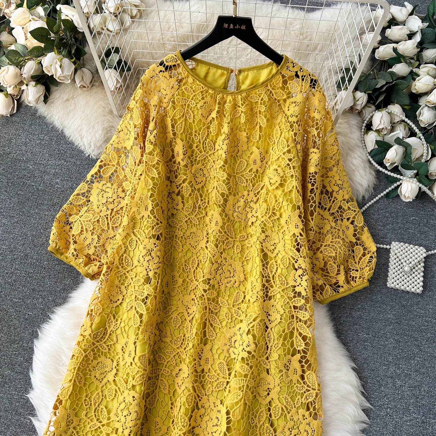 Chic Long Sleeve O Neck Lace Hook Flower Hollow Loose Dress Chiffon A-line Casual Dresses Fashion Women Elegant Vestidos