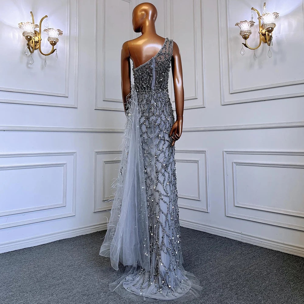 Pink Luxury One Shouder Split Evening Dresse 2023 Elegant Mermaid Beading Gowns Feathers For Women Party BLA70829 Serene Hill
