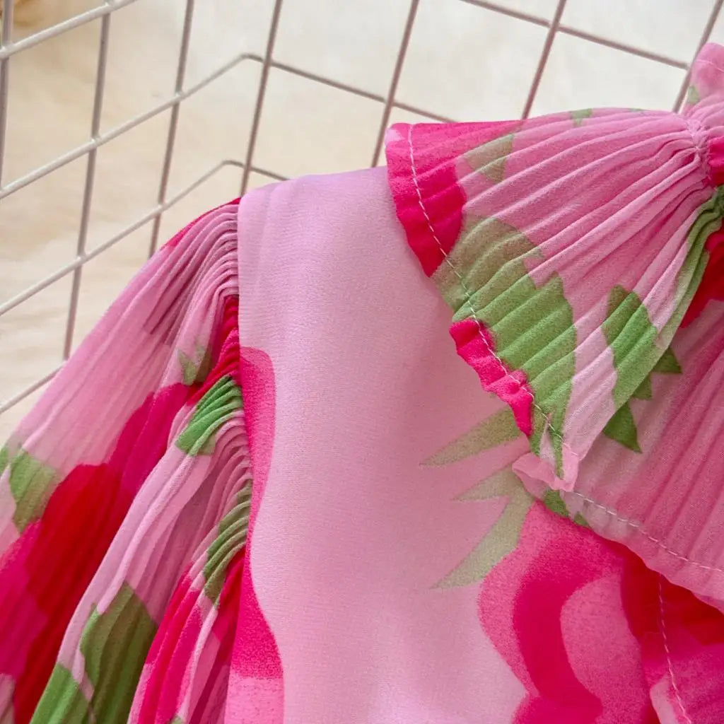 Summer Vintage Casual A-Line Floral Print Women Dress Elegant Chic Pleated Party Prom Vestidos with Belted Female Long Robe