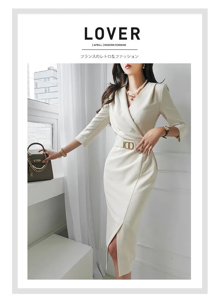 Commuting Style V-neck Mid length One Step Dress with Belt Autumn New Office Women's Slim Fit Waist Closing Beige Split Dresses