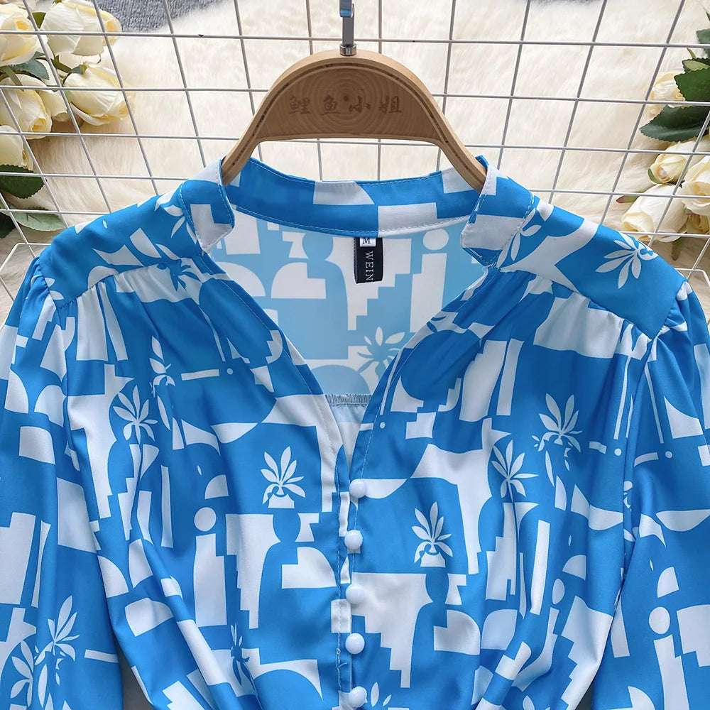Short Dresses For Women Front Button Up Elegant Geometric Print Dress V Neck Long Sleeve Ruffle Hem Tie Belt Mini Casual Dress