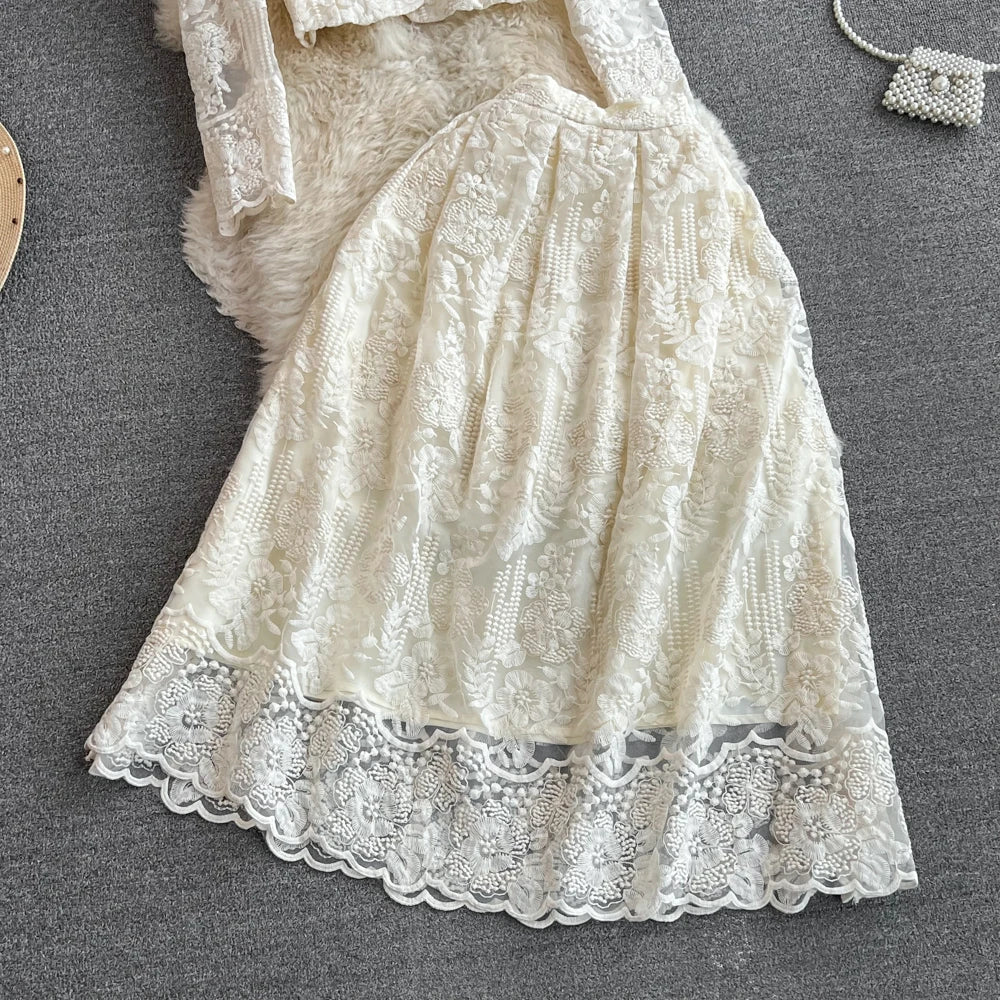 High Quality Floral Embroidery Two Piece Sets Women Suits Elegant OL Long Sleeve Shirt Mid Skirts 2 Piece Outfits Female