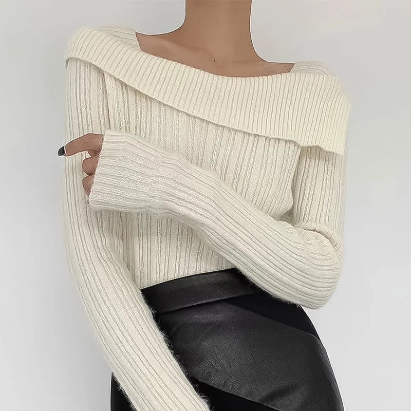 One Shoulder Sweater Autumn/Winter New Style Retro Luxury Women's Off Shoulder Knitted Top Solid Color Slim Long Sleeve Pullover