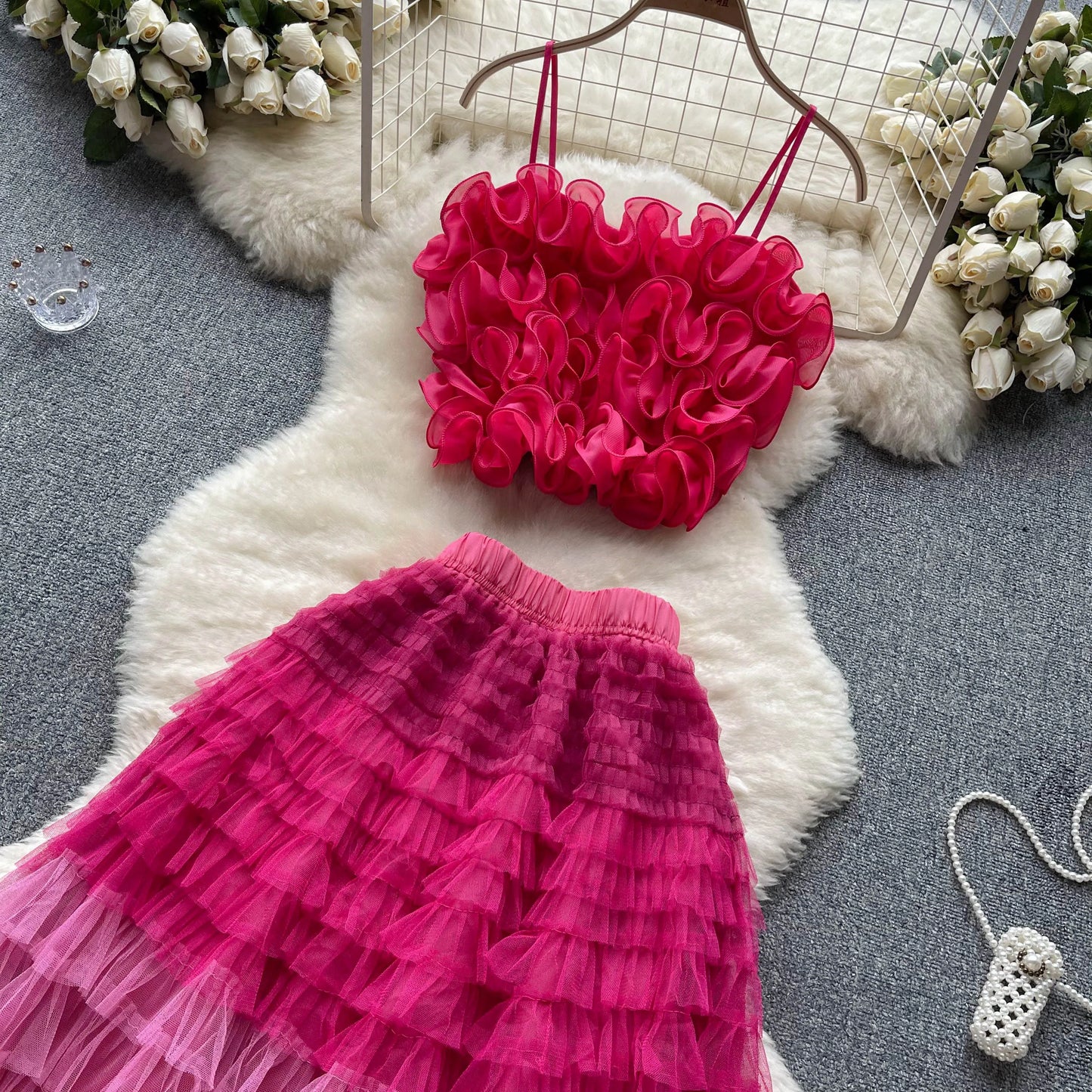 New Women Two Piece Set Summer Three-dimensional Flower Mesh Vest Tank Tops+mesh Long Skirts Fashion Korean Outfits