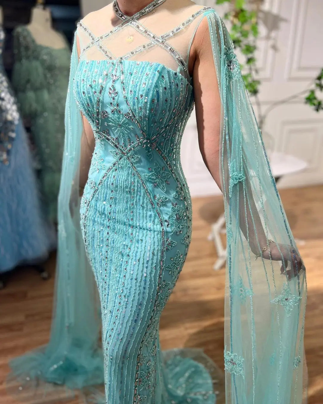 SERENE HILL Arabic Caramel Mermaid Elegant Cape Sleeves Beaded Luxury Evening Dresses 2024 Formal Gown For Women Party GLA71905A
