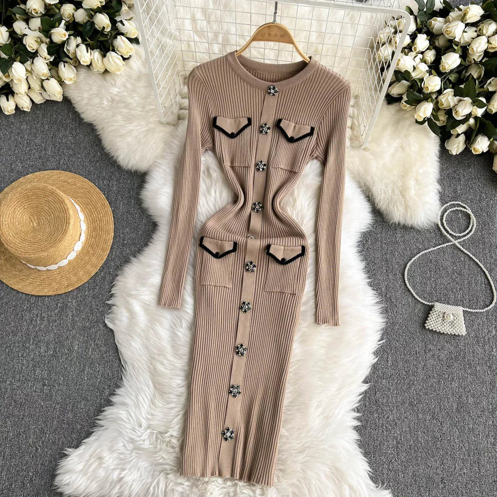 Women Elegant Chic Long Sleeve Sexy Slim Bodycon Dress Vintage Korean Fashion Knit Tight Vestido Autumn Winter Sweater Robe
