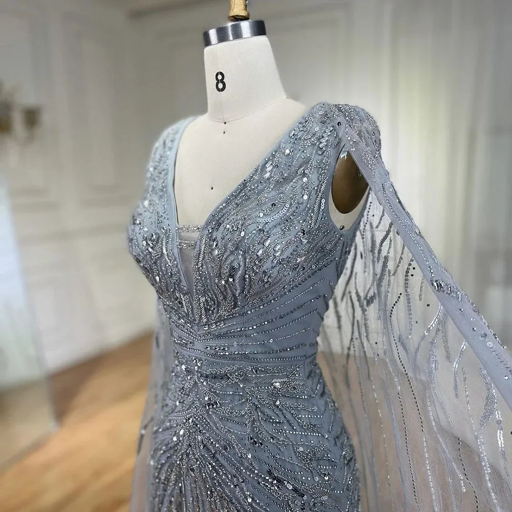SERENE HILL 2024 Arabic Silver Mermaid Cape Sleeves Luxury Beaded Evening Dresses Formal Long Gowns Women Wedding Party GLA72239