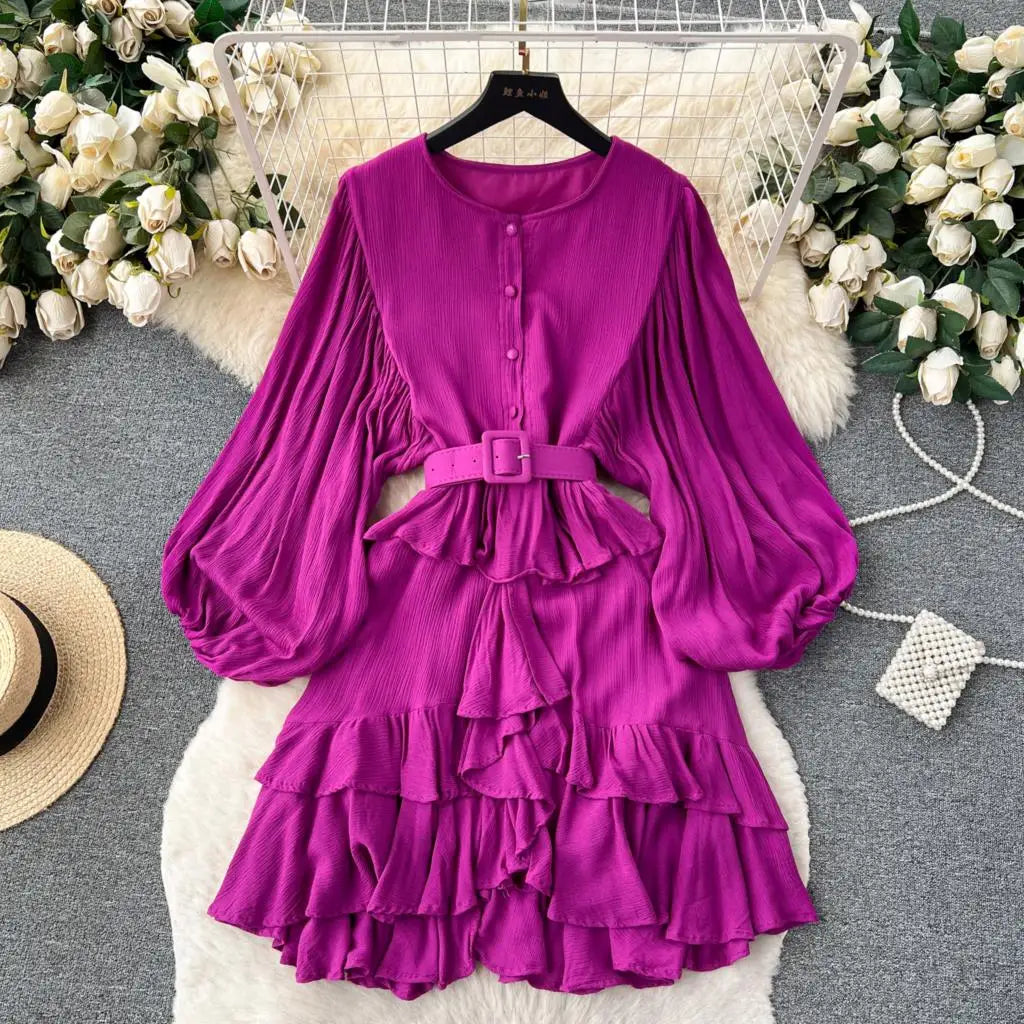Vintage Puff Sleeve Ruffle Dress Women O-Neck A-Line Elegant Casual Party Prom Dresses Korean Autumn Fashion Female Vestidos New