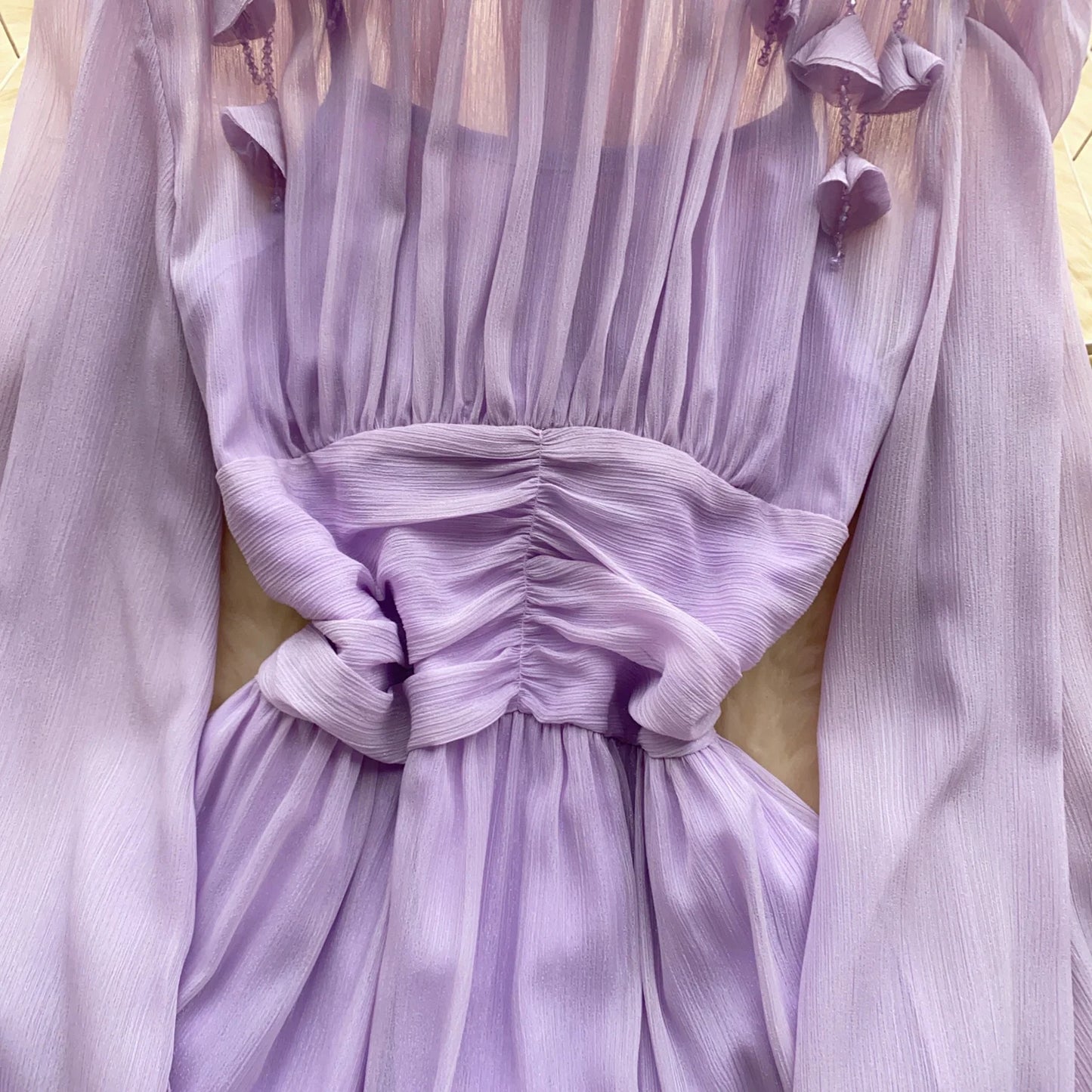 Elegant Tassel Beaded Lantern Sleeve Midi Dress Women French Stand Collar Slim A-Line Pleated Female One Piece Casual Mujer New