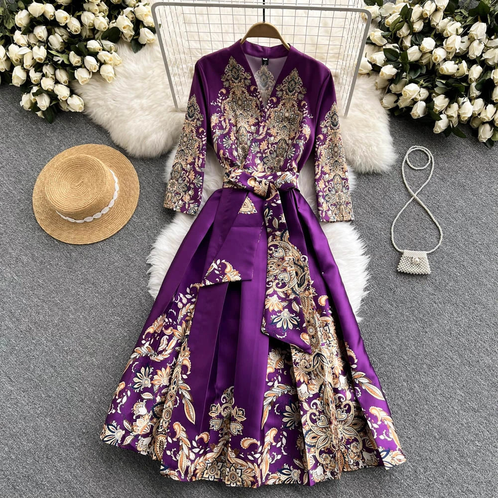 Pinkou Women Elegant Print Maxi Dress Cross V Neck Bow Tie Sashes Three Quarter Sleeve Female Chic Wrap Dresses Vestido QA815