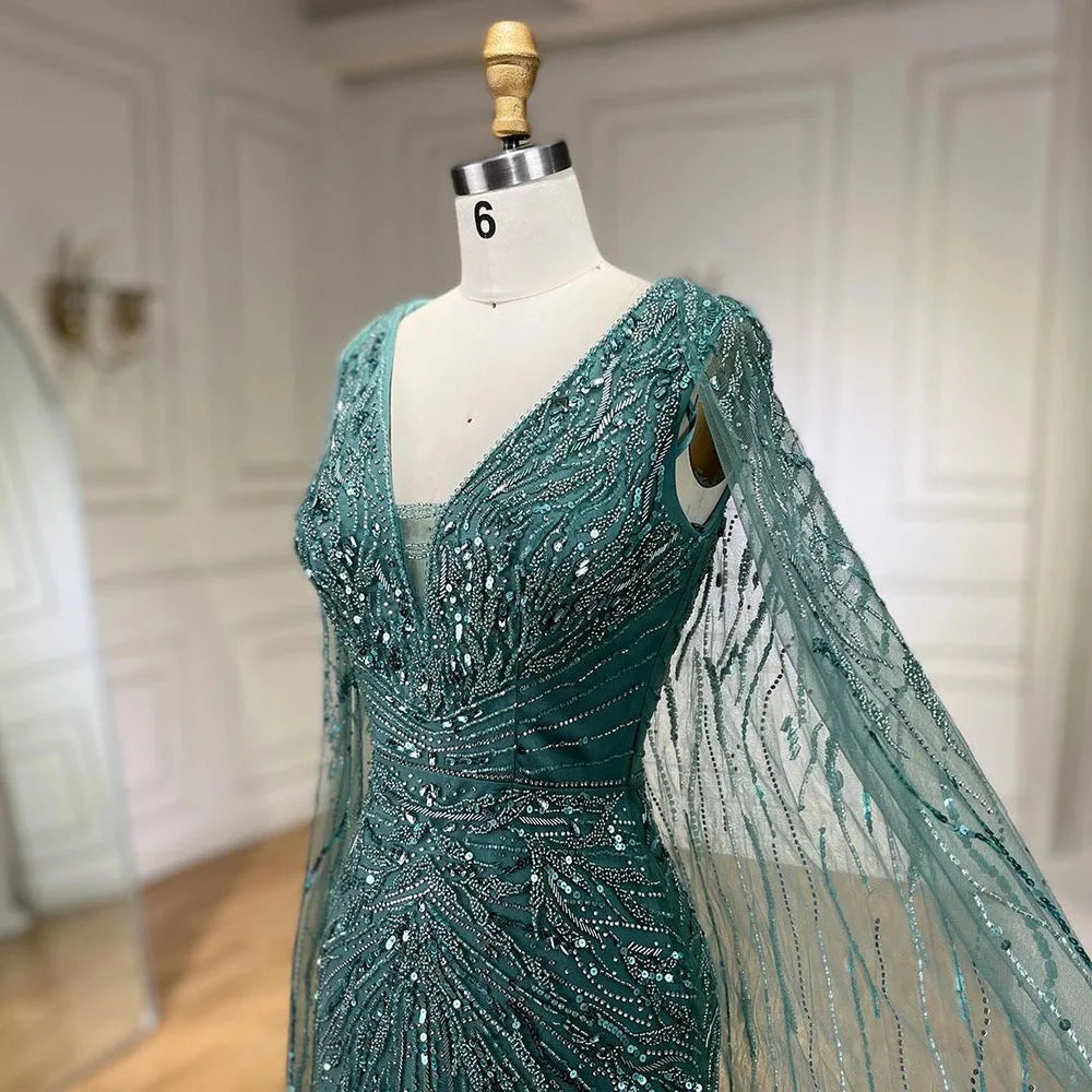 SERENE HILL 2024 Arabic Silver Mermaid Cape Sleeves Luxury Beaded Evening Dresses Formal Long Gowns Women Wedding Party GLA72239