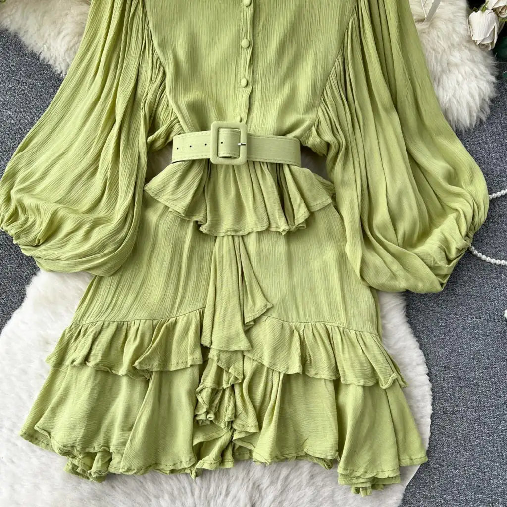 Vintage Puff Sleeve Ruffle Dress Women O-Neck A-Line Elegant Casual Party Prom Dresses Korean Autumn Fashion Female Vestidos New