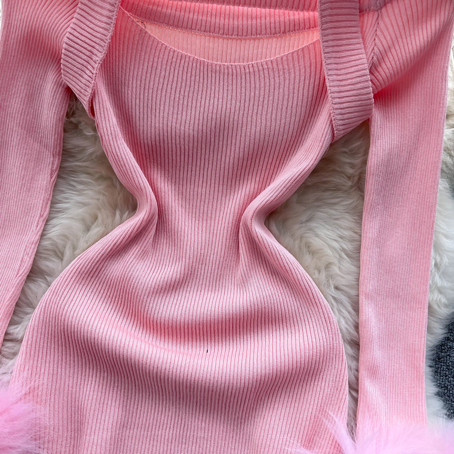 Chic Sexy Halter Bandage Irregular Bodycon Dress Fluffy Long Sleeve Knit Birthday Dress Autumn Winter Pencil Sweater Vestidos