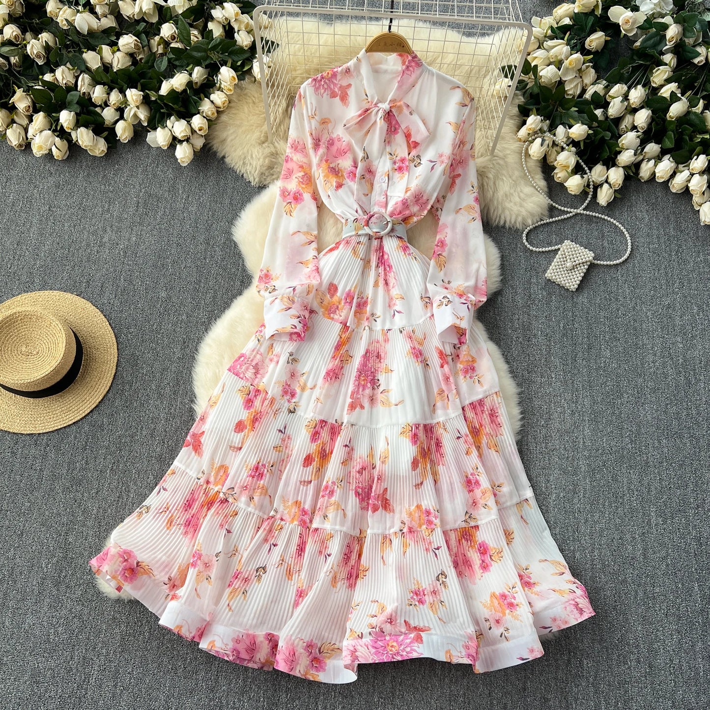 French Vintage Ruffle Lace-up Bow Puff Sleeves Long Sleeves Dress korean fashion Casual Women Fashion summer dresses