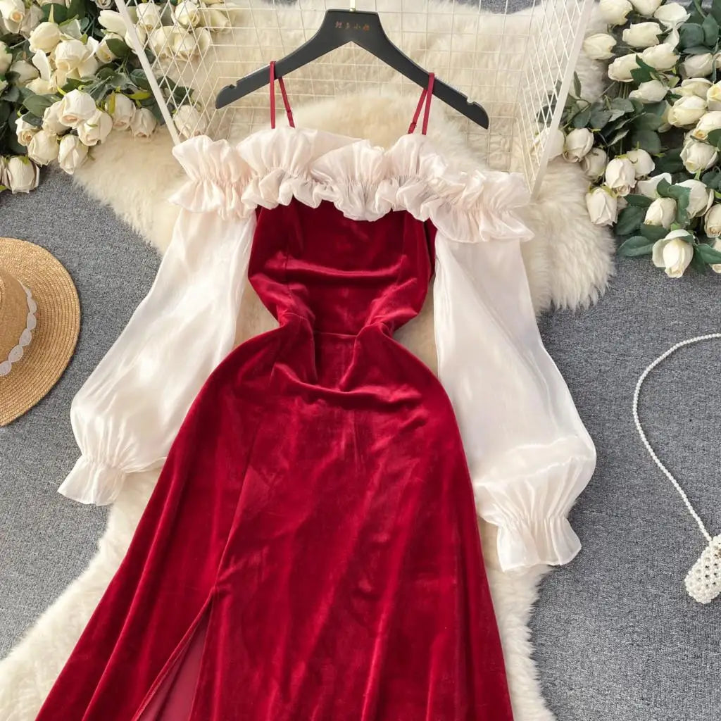 Sexy Bodycon Off Shoulder Party Dress Women Ruffles Velvet Patchwork Elegant Lady Fashion Prom Robe A-Line Vestidos Mujers New