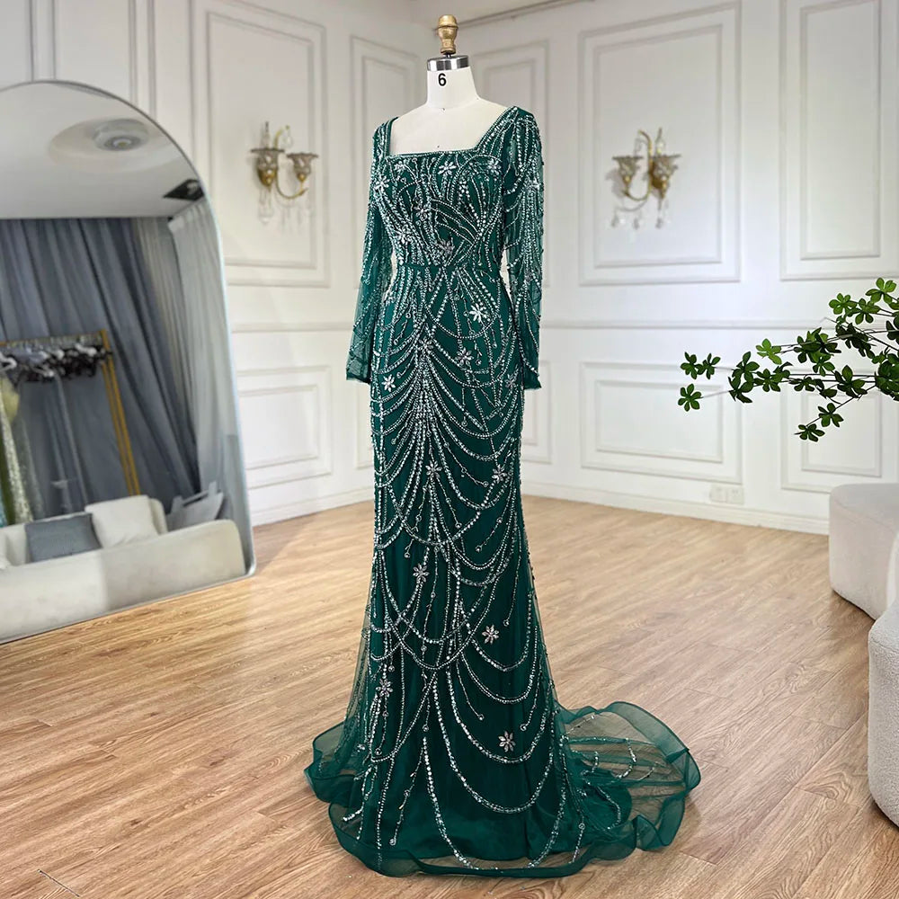Serene Hill Luxury Dubai Green Mermaid Elegant Crystal Beaded Arabic Evening Dresses Gowns For Women Wedding Party 2023 BLA72242