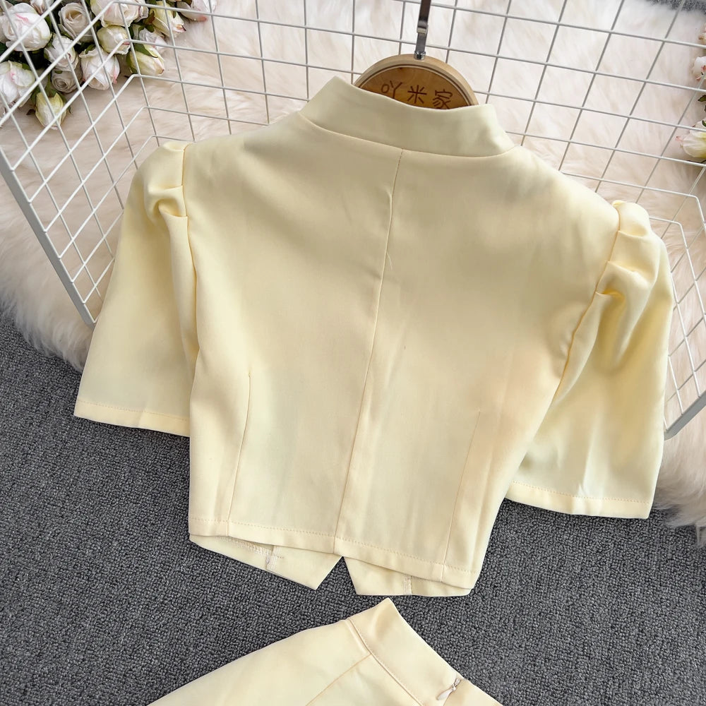 Chic Two Pieces Sets Sexy Single Breasted puff sleeve sweet blouse with Fashion basics A-line Skirt Vacation Sets
