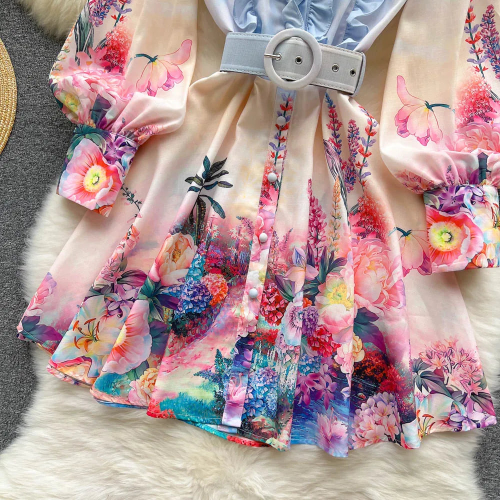 Chic Print Ruffle Elegant Puff Sleeve Dress A-line Casual Belt Beach Vacation Mini Dress Women Fashion Summer Spring Vestidos