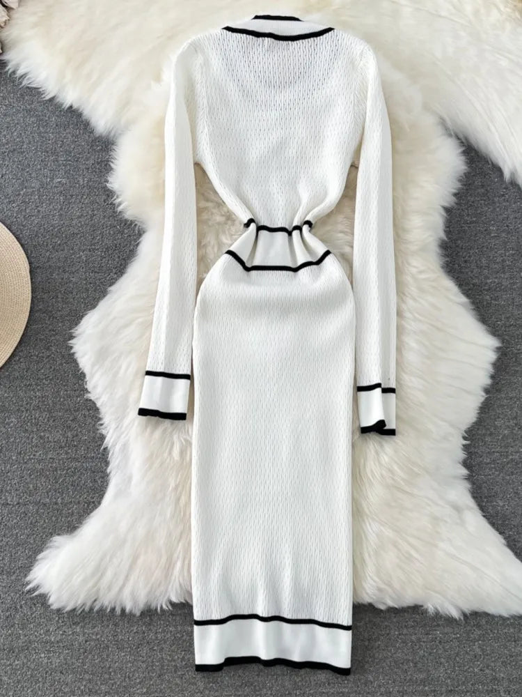 Women Elegant Bodycon Slim Party Knitted Dress Long Sleeve O-Neck Vintage Chic Prom Birthday Vestidos Autumn Female Long Robe