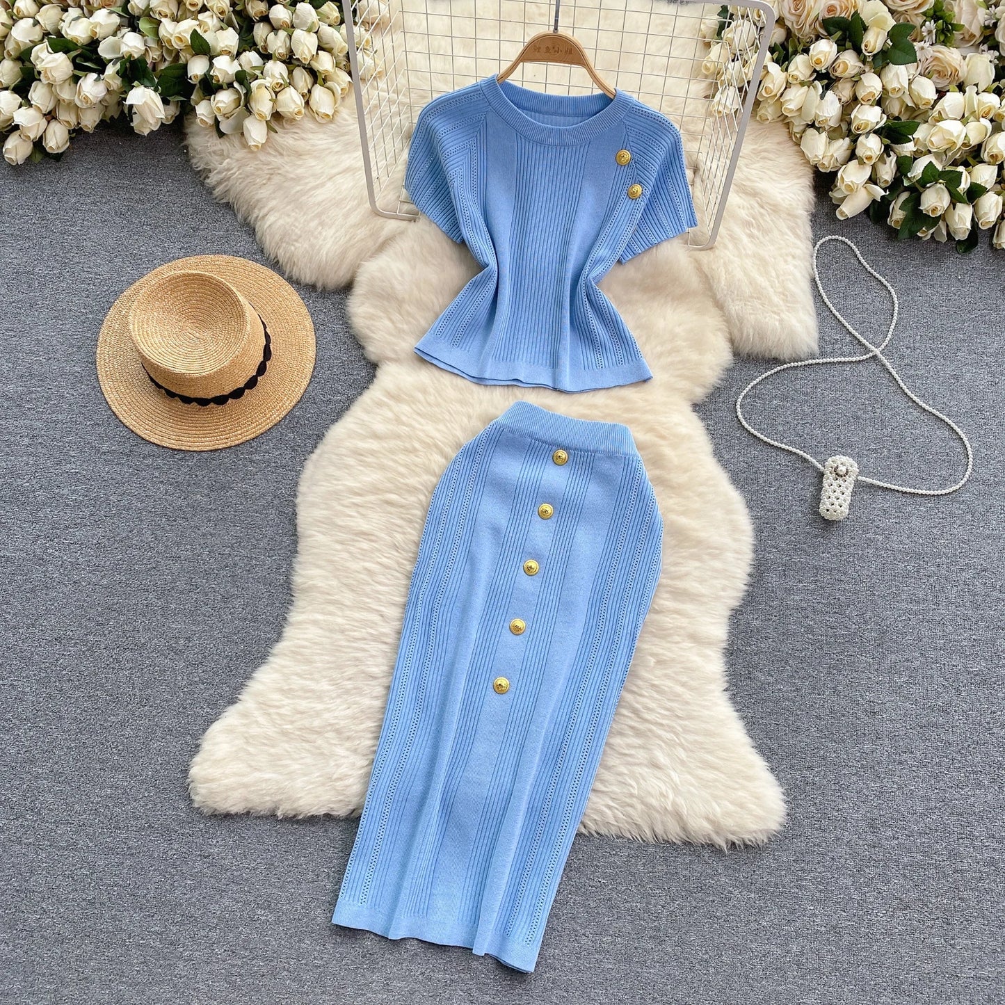 Women Chic Two Pieces Sets High Waist Sexy Pencil Wrap Pencil Skirt with Short Sleeve Knit Pullover Slim Fashion Sweater Set
