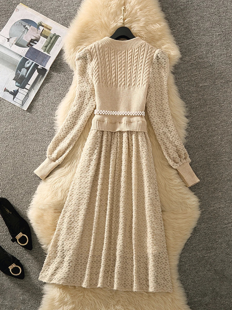 Long Sleeved Knitted Patchwork Dress Sweet O-neck Embroiled Flares Pullover Solid High Waisted A-line Dresses New Autumn 2024