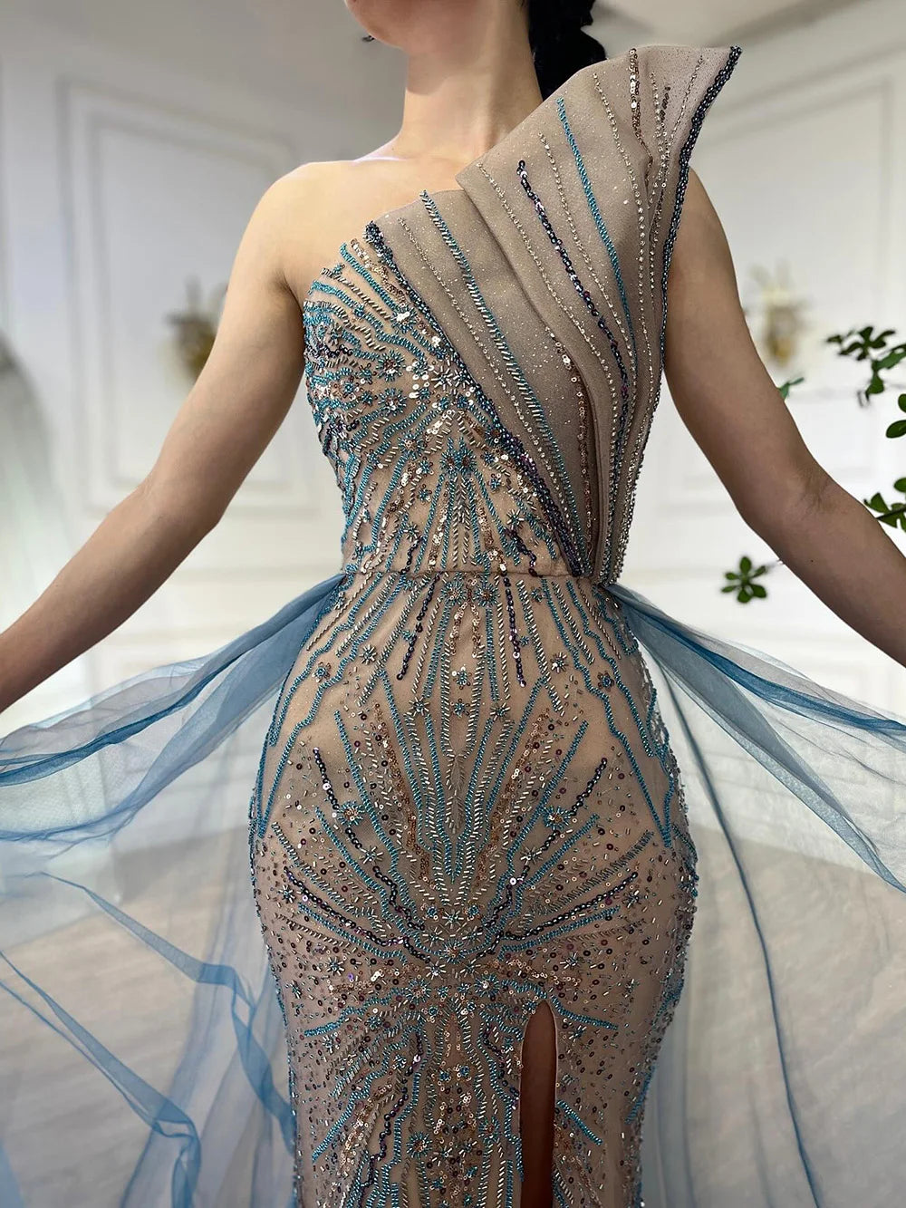 Serene Hill Blue High Split With Overskirt Mermaid Luxury Beaded Dubai Evening Dresses for Women Wedding Party 2024 LA71921A