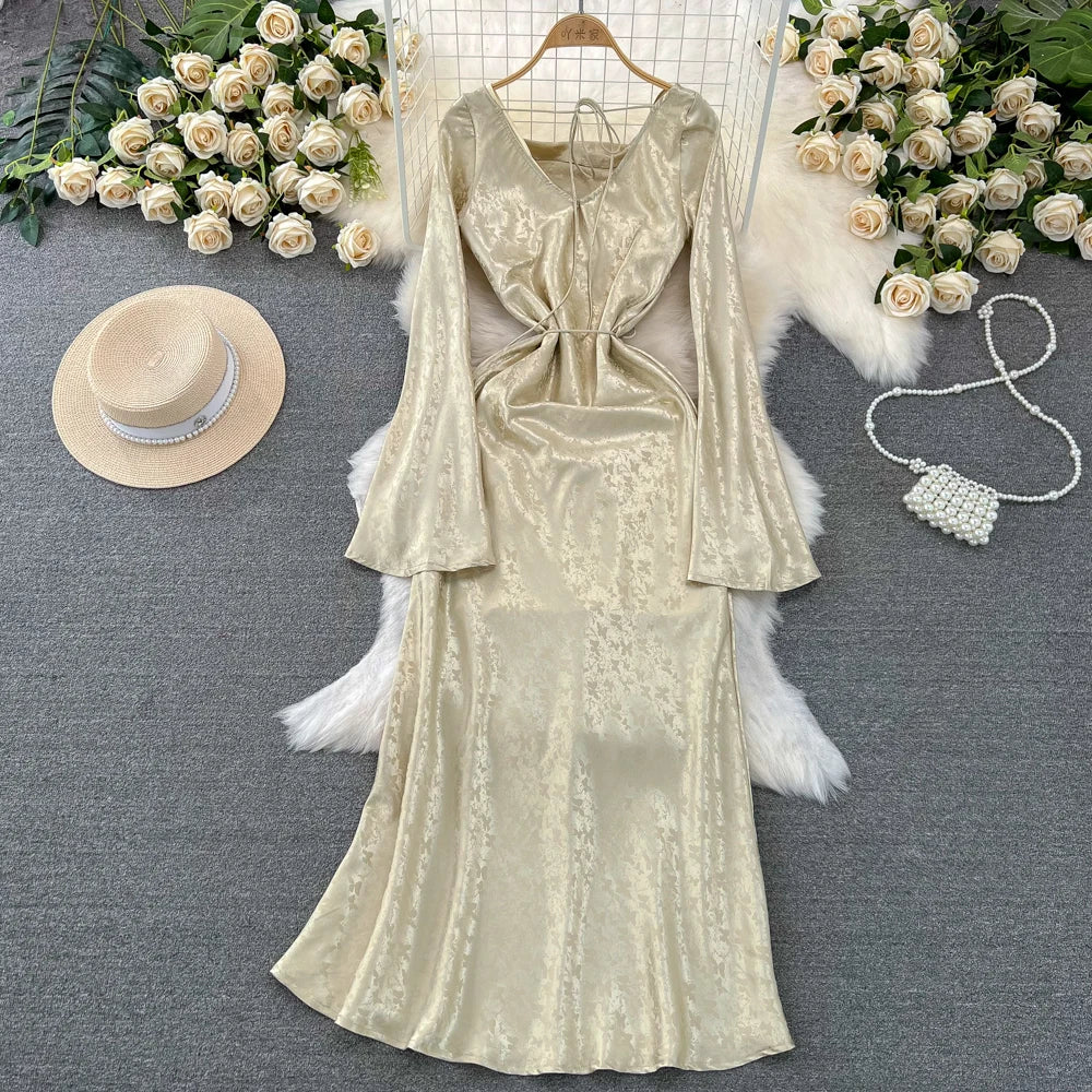 Autumn Evening Dresses for Women Elegant Bodycon Party Prom Robe Vintage Flare Sleeve Swinging Collar Midi Vestidos Mujer New