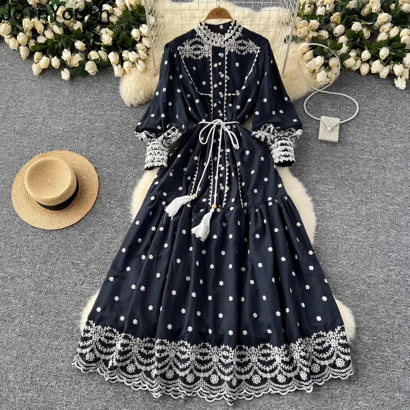 Vintage Embroidery Stand Collar Dresses for Women 2024 Summer New Robe Femme Heavy Elegant Lantern Sleeve Chic Vestido Feminino