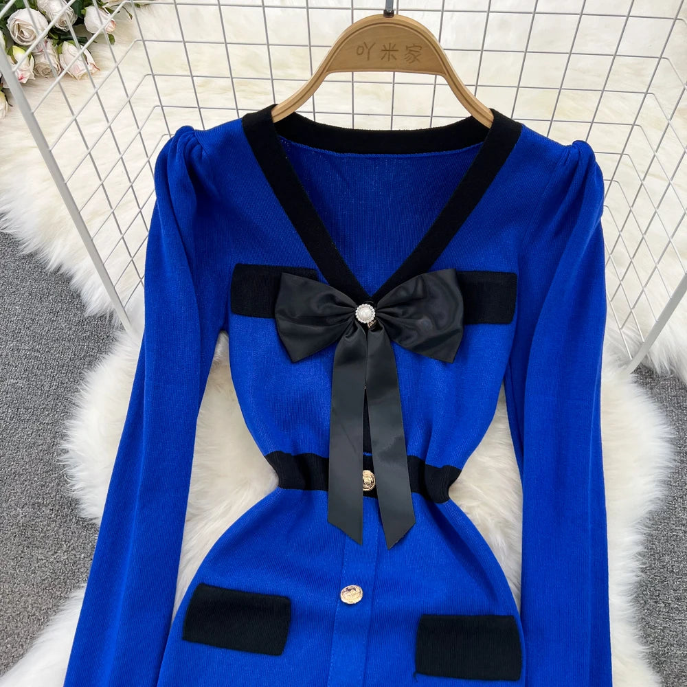 Women Elegant Butterfly Long Sleeve Bodycon V Neck Split Dress Vintage French Slim Knit Tight Vestido Autumn Winter Sweater Robe
