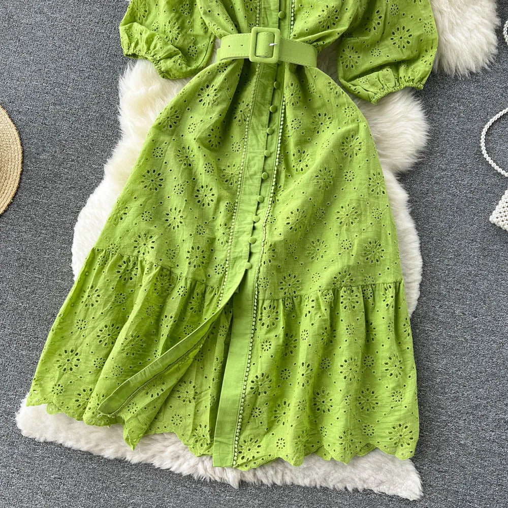 Summer V-neck Hollow Out Dress Women Bubble Sleeves Loose Embroidered Ruffle Edge Long Dresses Ladies Elegant Casual Long Robe