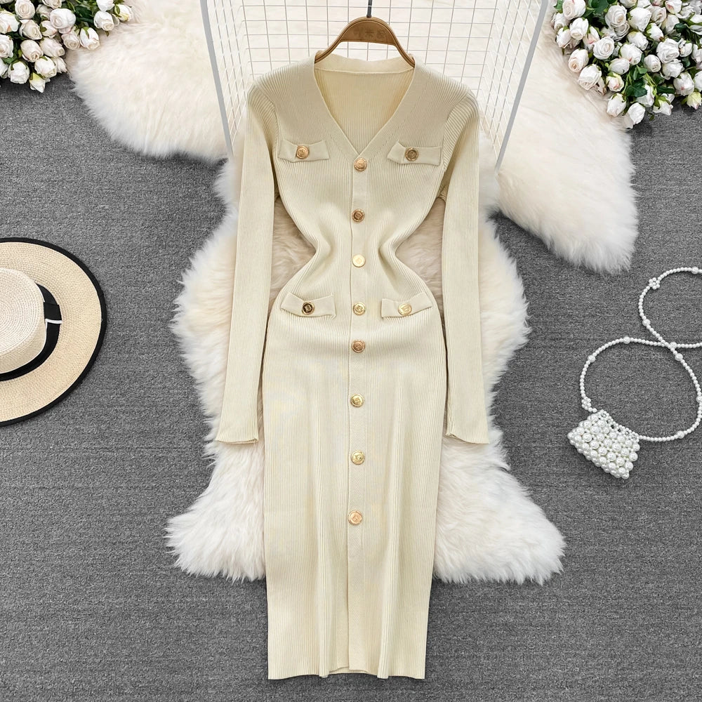 Sexy Split V-neck Long Sleeve Bodycon Dress Chic Elegant Evening Party French Fashion Knit Vestidos Women Autumn Pencil Dress