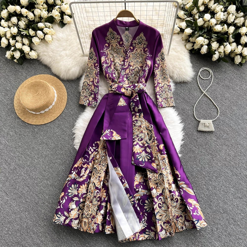 Pinkou Women Elegant Print Maxi Dress Cross V Neck Bow Tie Sashes Three Quarter Sleeve Female Chic Wrap Dresses Vestido QA815