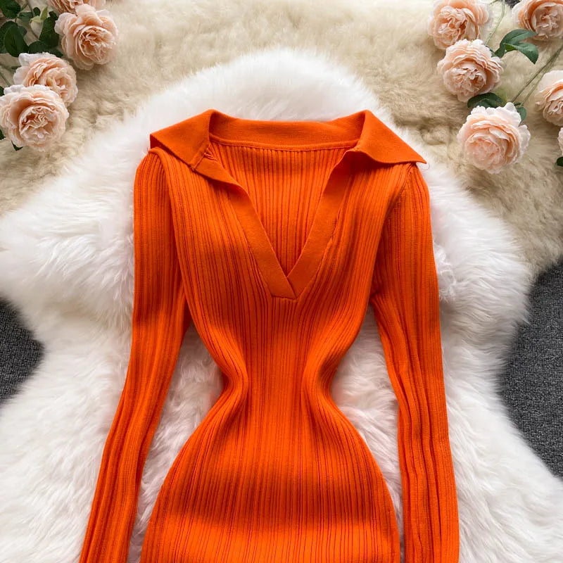 Women Chic Elegant Long Sleeve Split Bodycon Midi Dress Sexy French Fashion Knit Wrap Vestidos Elastic Slim Pencil Sweater Dress