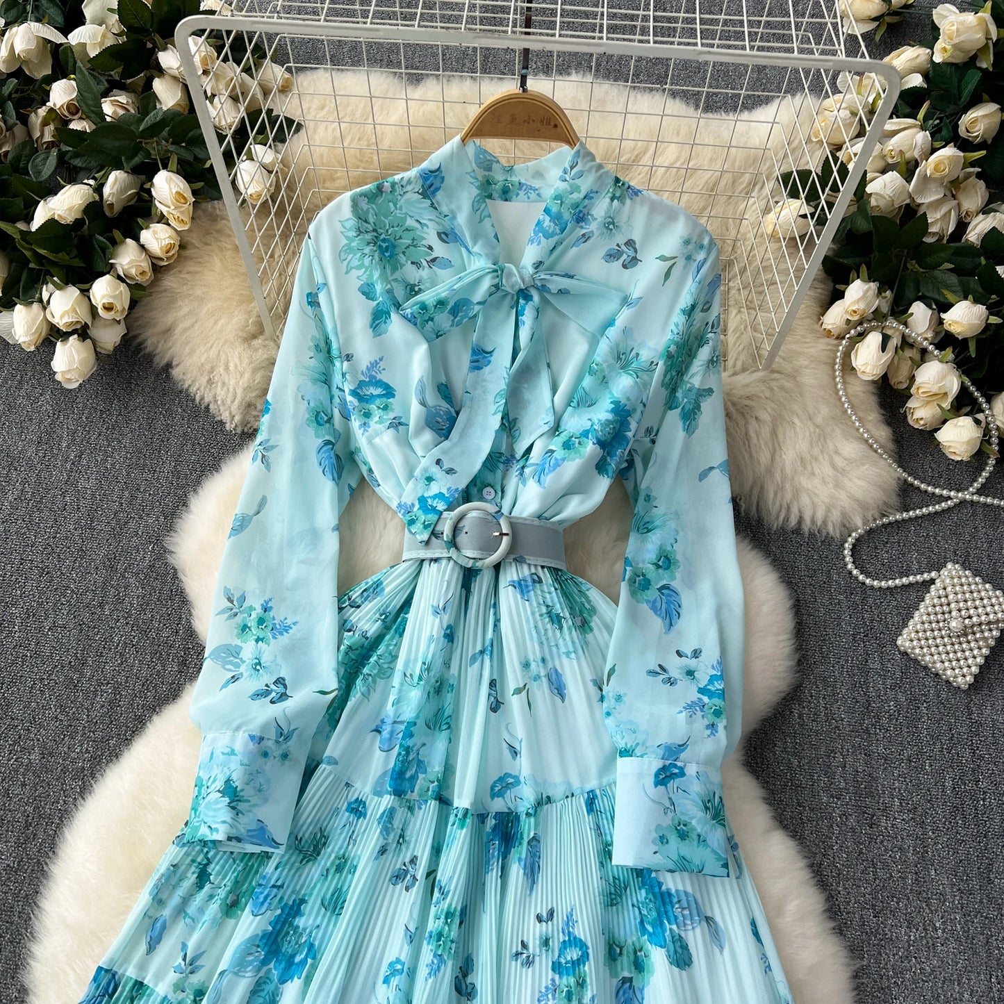 French Vintage Ruffle Lace-up Bow Puff Sleeves Long Sleeves Dress korean fashion Casual Women Fashion summer dresses