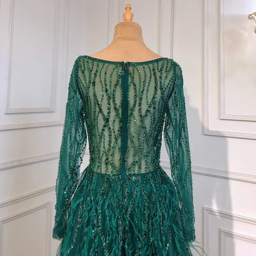 Serene Hill Arabic Red Elegant A Line For Women Long Sleeves Evening Dress Luxury Beaded Handmade Feathers 2024 LA71468